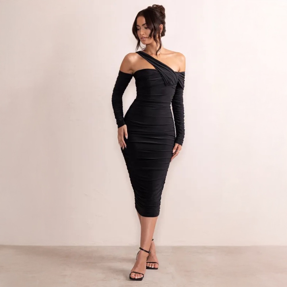 NWT - Club L London - Elodie Black Asymmetric Bardot Gathered Ruched Midi Dress
